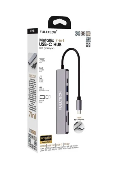 7-in-1 Usb-c Hub 3xusb-a, 1xusb-c Ve 1xhdmı Ve Tf/sd Kard Girişli, Metalik Usb Çoklayıcı