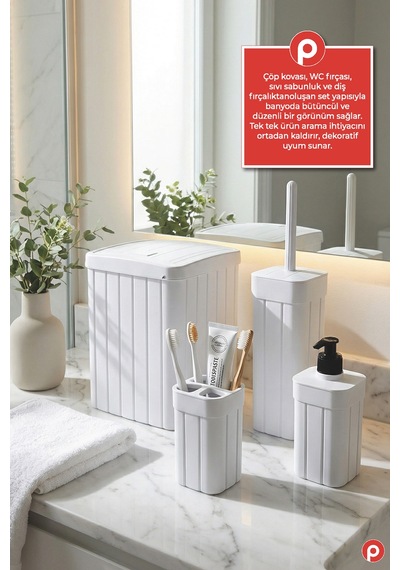 Trend Fitil Desen 4 Parça Banyo Düzenleyici - Estetik ve Dayanıklı Banyo Seti Beyaz