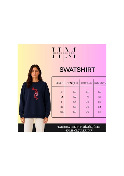 Herkesemoda Çiçek Baskılı 2 İplik Şardonlu Bisiklet Yaka Sweatshirt Siyah