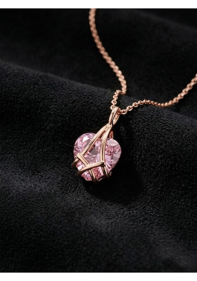 925 Ayar Gümüş Rose Renk Pembe Kuvars Taşlı Kafes Kalp Arkadaşlık Kolyesi Gümüş - Rodyum