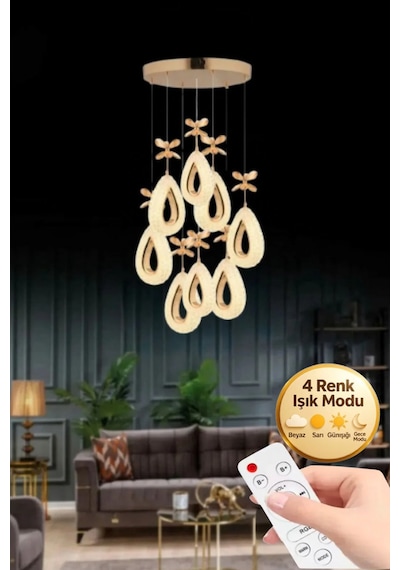 Damla Model 8'li Gold Kumandalı 3 Renk Modu Kristal Taşlı Modern Salon Mutfak Oturma Çocuk Odası Led Avize Altın