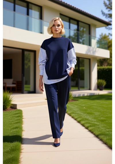 Benerly Kadın Alt Üst Oversize Rahat Kesim Örme Sweatshirt Ve Geniş Paça Lacivert