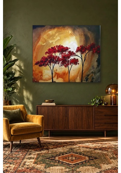 Fida Altın Işıkta Kırmızı Yapraklı Ağaçlar Canvas Tablo Çok Renkli