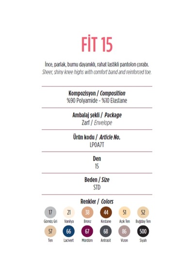 Penti 51 Numara. Açık Ten. Fit. Parlak. 15 Den. Ince. Burnu Ve Külodu Dayanıklı , Külotlu Çorap. 500-siyah, 51 - Açık Ten, 38 - Bronz