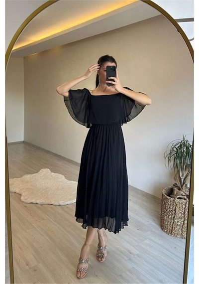 Neşeli Butik Kadın Omzu Açık Piliseli Midi Şifon Elbise Nm006 Siyah