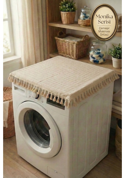 Vintage Püsküllü Çamaşır Makinesi Örtüsü - Çeyizlik Buldan Bezi Dekoratif Banyo Makine Kılıfı Bej