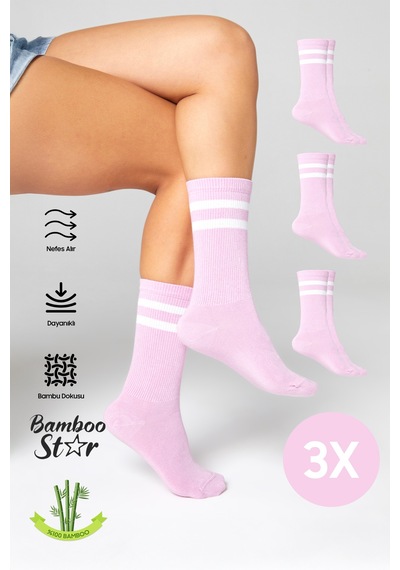 Bamboo Star Bambu Tenis Çizgili Premium Kolej Çorabı Unisex Toz Pembe Dikişsiz Soket Çorap 3'lü Paket
