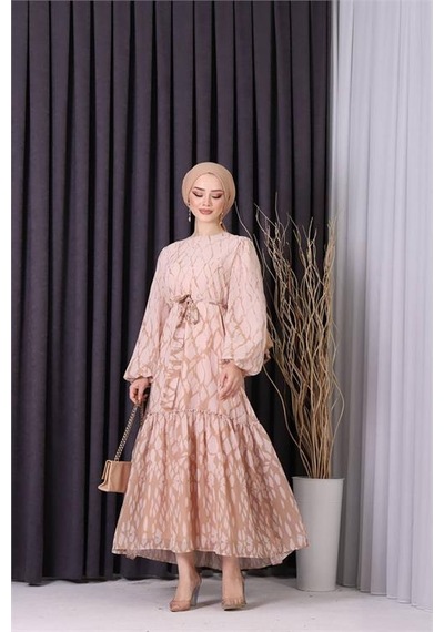 Neşeli Butik Kadın Şifon Eteği Fırfırlı Desenli Tesettür Elbise Sms008 Bej