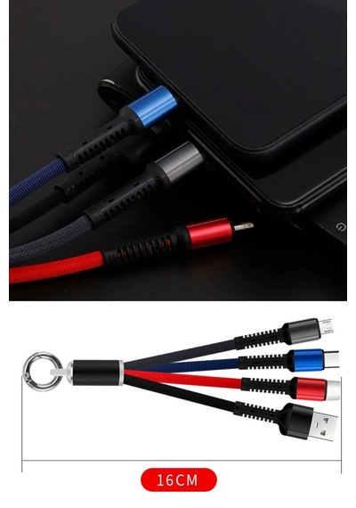 Işıklı Anahtarlık Model 3 İn 1 Usb Çıkışlı Mikro,type-c Ve İphone Uyumlu Şarj Kablosu Siyah