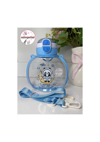 Panda Su Matarası Pandalı Suluk Figürlü Su Şişesi Panda Matara Askılı Pipetli Matara 850ml Mavi