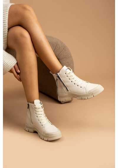 Shoetek Elodi Kadın Bot&bootie Fermuarlı Bej Deri Bej Cilt