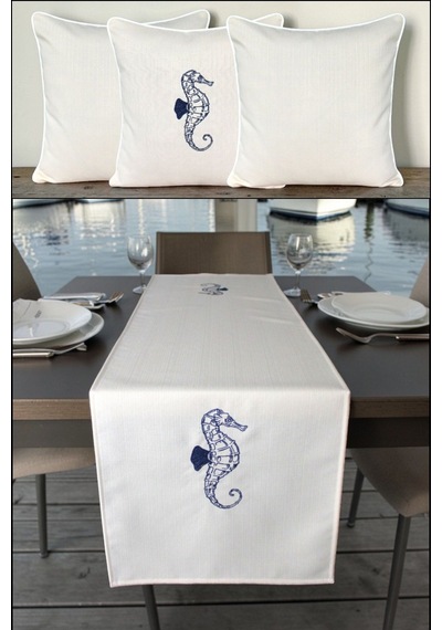 Kırlent Kılıfı 45x45 3'lü Set + 145x40 Runner Marin Nakışlı Deniz Atı Desen Su İtici Outdoor Keten Krem