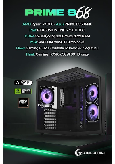 Game Garaj Prime S68 R7-5700 32 GB 1 TB SSD RTX5060 Dos Oem Paket Masaüstü Oyuncu Bilgisayarı
