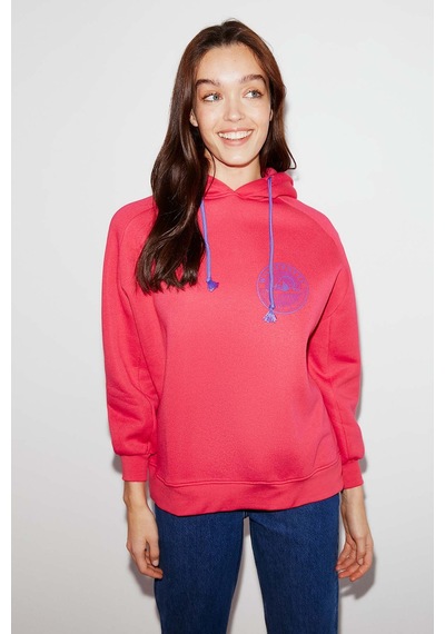 Ethıquet Polınıa Kadın İçi Polarlı Göğsü Baskılı Regular Fit Kontrast Kordonlu Kapüşonlu Pembe Sweat Mavi