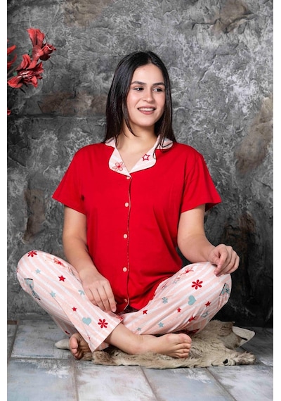 Lukitus Desenli Gömlek Yaka Kısa Kol Pijama Takımı Kırmızı