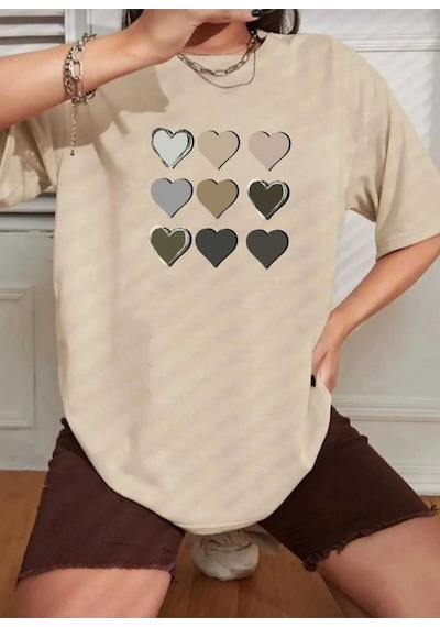 Kozia Outdoors Malkoçbey Kalp Baskılı Oversize Unisex Basic T-şhirt Bej Bej
