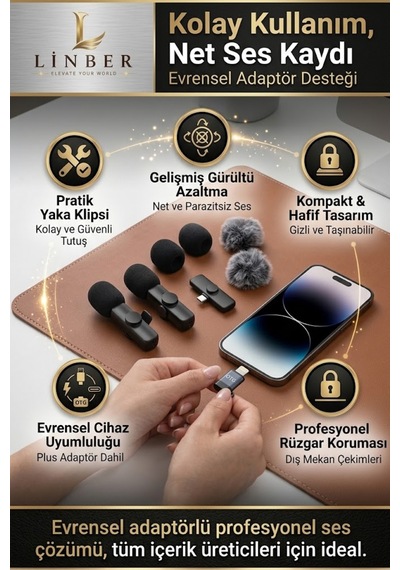 Kablosuz Tüylü Siyah Yaka Mikrofonu Type-c İos Uyumlu 2 Li Set Tak Çalıştır Siyah Siyah