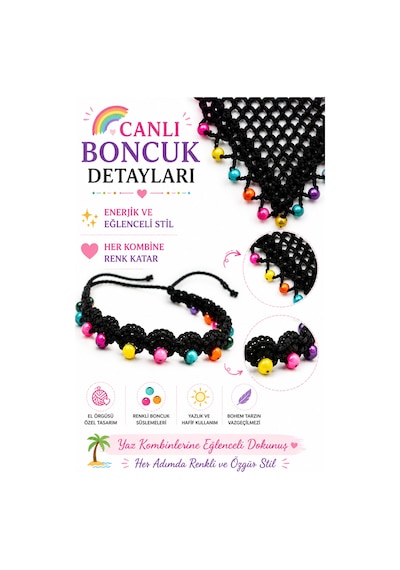 Kadın El Örgüsü Üçgen Bandana Halhal Ayak Bilekliği Hediyeli Bohem Yazlık Saç Bandanası Plaj Tatil Festival Aksesuarı Siyah