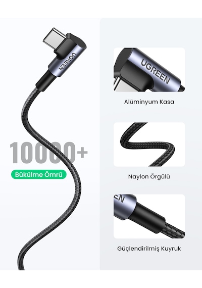 Ugreen Usb-c To Usb-a 3a Qc 90 Derece Hızlı Şarj Kablosu, 1 Metre, Uzay Girişi, 50941