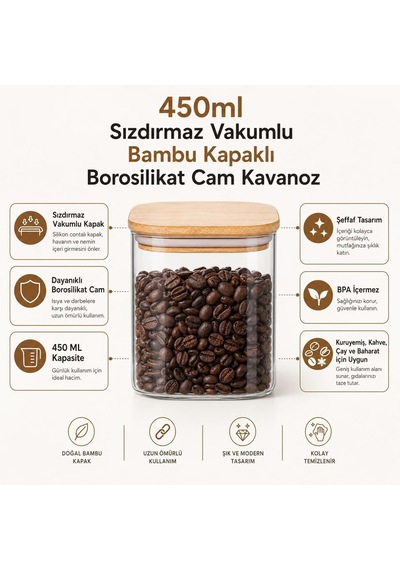450ml Sızdırmaz Vakumlu Bambu Kapaklı Borosilikat Cam Kavanoz Hava Geçirmez & Dayanıklı Gıda Saklama Kabı 1 Diğer