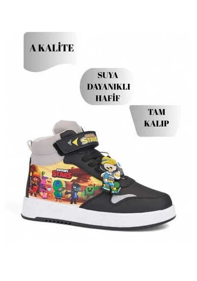 Nese Shoes Stars Baskılı Erkek Çocuk Spor Ayakkabısı, Sneaker Siyah-gri