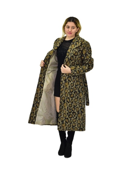 Kadın Leopar Desenli Uzun Kaşe Kaban Bgl-st04064 Haki