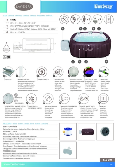 Lay-z-spa Maldives Smart Hydrojet Pro 6001u Enerji Tasarruflu Şişme Spa Havuzu, Mobil Uygulama Kontrollü, 5-7 Kişilik Mor