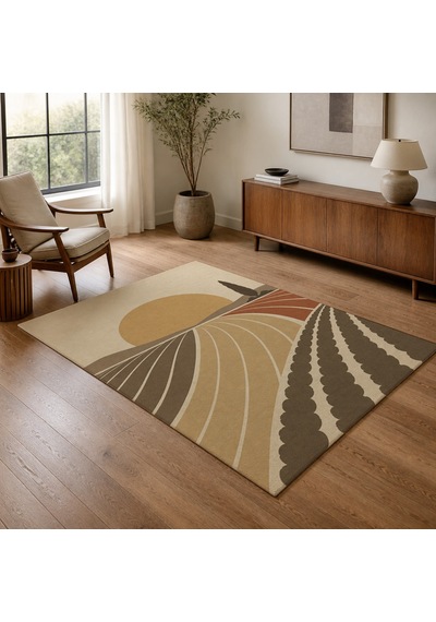 Kartela Halı Güneş Tarlası Manzaralı Modern Halı Bej Kaymaz Taban Makinede Yıkanabilir 120x180 Cm