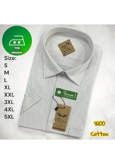 Eren Style Linen Keten Klasik %100 Cotton Kısa Kollu Terletmeyen Gömlek Açık Gri
