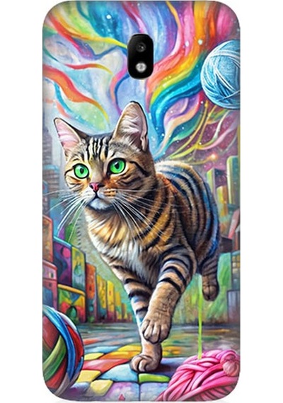 Samsung Galaxy J5 Pro Uyumlu Renkli Yumaklar Ve Kedi Desenli Silikon Kılıf