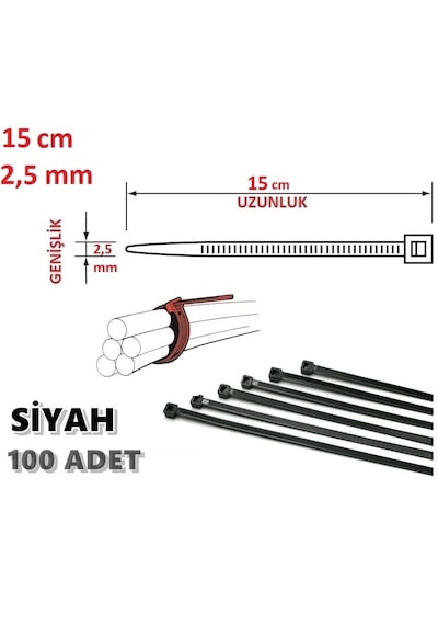 100 Adet 15cmx2.5mm Siyah Plastik Cırt Kelepçe Kablo Bağı