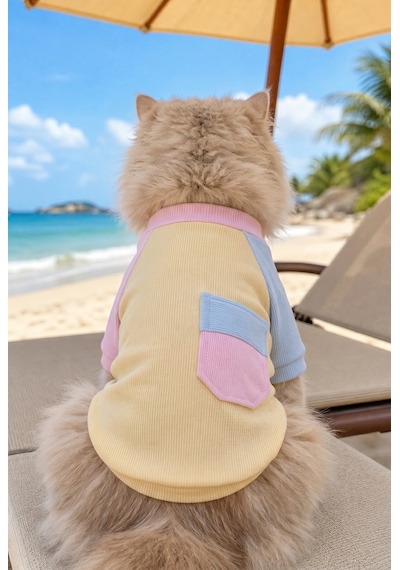 Soft Sun Kedi Tişörtü Cepli Şeker Renkli Yazlık Kedi Kıyafeti
