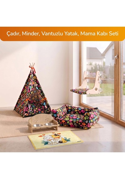 4'lü Kedi Köpek Konfor Seti Çadır Minder Mama Su Kabı Standı Vantuzlu Cam Yatağı Evcil Hayvan Seti