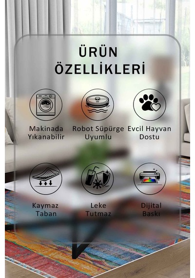 Yıkanabilir Kaymaz Taban Dijital Baskılı Halı Ve Yolluk Leke Tutmaz Salon & Mutfak Halısı - 0341 Çok Renkli