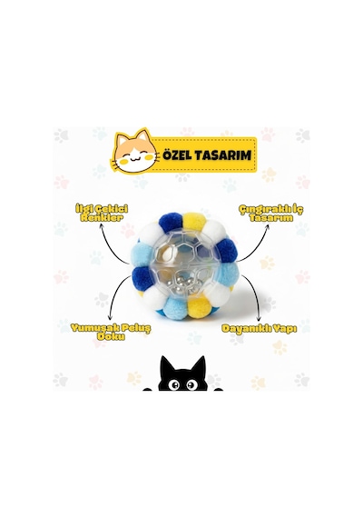 Orletz Çıngıraklı Ponpon Kedi Oyuncağı - Renkli İnteraktif Peluş Top - Zilli Yuvarlanan Kedi Topu - Çiğneme Ve