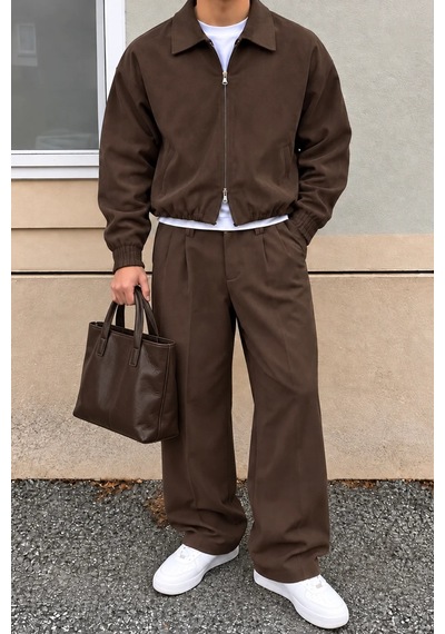 Erkek Oversize Çift Fermuarlı Ceket Ve Baggy Pantolon Alt Üst Takım Kahverengi Erkek Oversize Çift Fermuarlı Ceket Ve Baggy Pantolon Alt Üst Takım Kahverengi