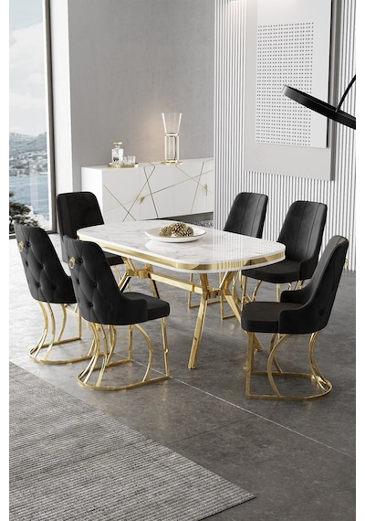 Canisa Epal Serisi 90x168 Lak Panel Beyaz Mermer Desen Masa Takımı Gold Ayaklı 6 Siyah Sandalye Beyaz Mermer Desen Masa Sandalyeler Siyah Canisa Epal Serisi 90x168 Lak Panel Beyaz Mermer Desen Masa Takımı Gold Ayaklı 6 Siyah Sandalye Beyaz Mermer Desen Masa Sandalyeler Siyah
