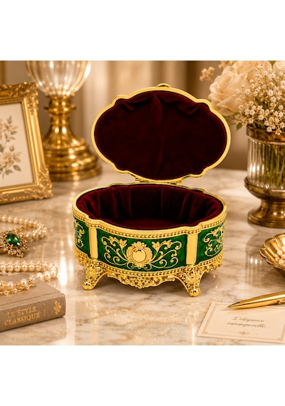 Kristal Taşlı Oval Mücevher Kutusu Kadife İç Kaplamalı Gold İşlemeli Takı Kutusu Dekoratif Saklama Kutusu Yeşil