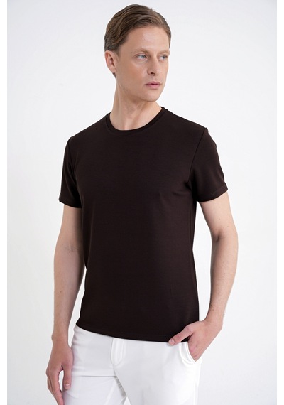 Efor Comfort Fit Bisiklet Yaka %97 Esnek Pamuklu Kahverengi Tişört Ts 885
