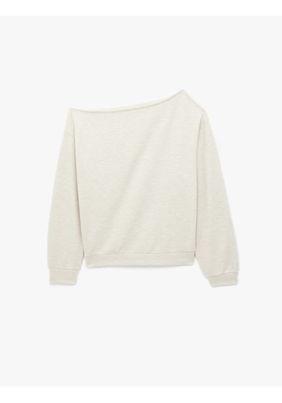 Koton Uzun Kollu Zımba Detaylı Asimetrik Kayık Yaka Omzu Açık Sweatshirt Bej 7wak10064ek Ekru