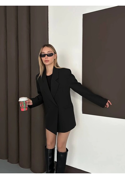 Cemo Kadın Oversize Blazer Ceket Elbise Siyah