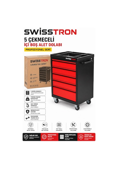 Swisstron Sws5dmax Atölye Takım Arabası 5 Çekmeceli Kilitli Tekerlekli Alet Dolabı Teleskopik Ray