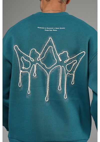 Nakış Detaylı Logolu Bisiklet Yaka Oversize Kalıp Sweatshirt Yeşil