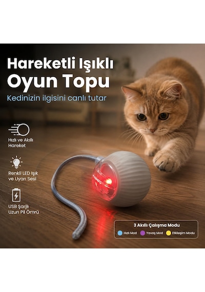 Tr Hareketli Işıklı Akıllı Kedi Oyun Topu, Şarjlı 3 Modlu Otomatik İnteraktif Oyuncak, Led Işıklı Sesli Kuyru