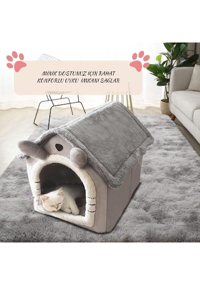 Hpytech Peluş Yumuşak,kedi & Küçük Köpek Evi Kapalı Kulübe Tasarım Sıcak, Konforlu, Yıkanabilir Minderli Evcil Yatak