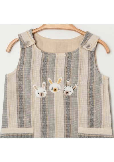 Ürünya Unisex Bebek Askılı Nakış İşlemeli Sıfır Kollu Şort Tulum Haki