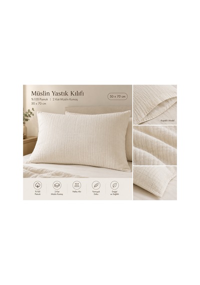 2 Kat Müslin Yastık Kılıfı 50x70 Cm Kapaklı Model %100 Pamuk Krem Krem