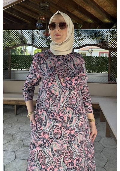 Rabia Şamlı Rengin Şal Desenli Gömlek Elbise Pembe Normal