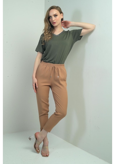 By Saygı Kadın Beli Lastikli Yandan Cepli Havuç Paça Pantolon-40697 Vizon