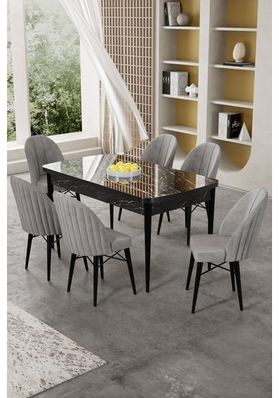 Canisa Gale Serisi 80x132 Açılabilir Lak Panel Siyah Mermer Desen Mutfak Masa Takımı 6 Gri Sandalye Masa Siyah Mermer Desen Sandalye Gri Canisa Gale Serisi 80x132 Açılabilir Lak Panel Siyah Mermer Desen Mutfak Masa Takımı 6 Gri Sandalye Masa Siyah Mermer Desen Sandalye Gri